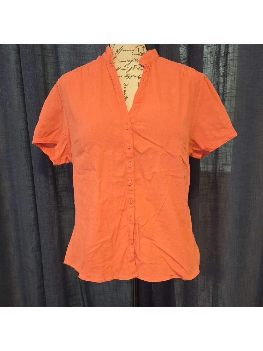 Columbia Orange Mandarin Collar Ruffled Short Sleeve Blouse Size Large